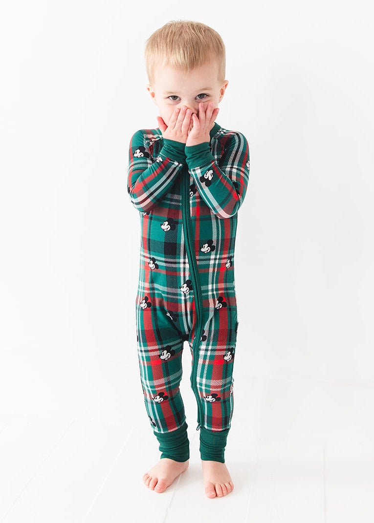 Convertible romper in zippy style with green and red tartan mickey disney print for Christmas family matching pajamas.