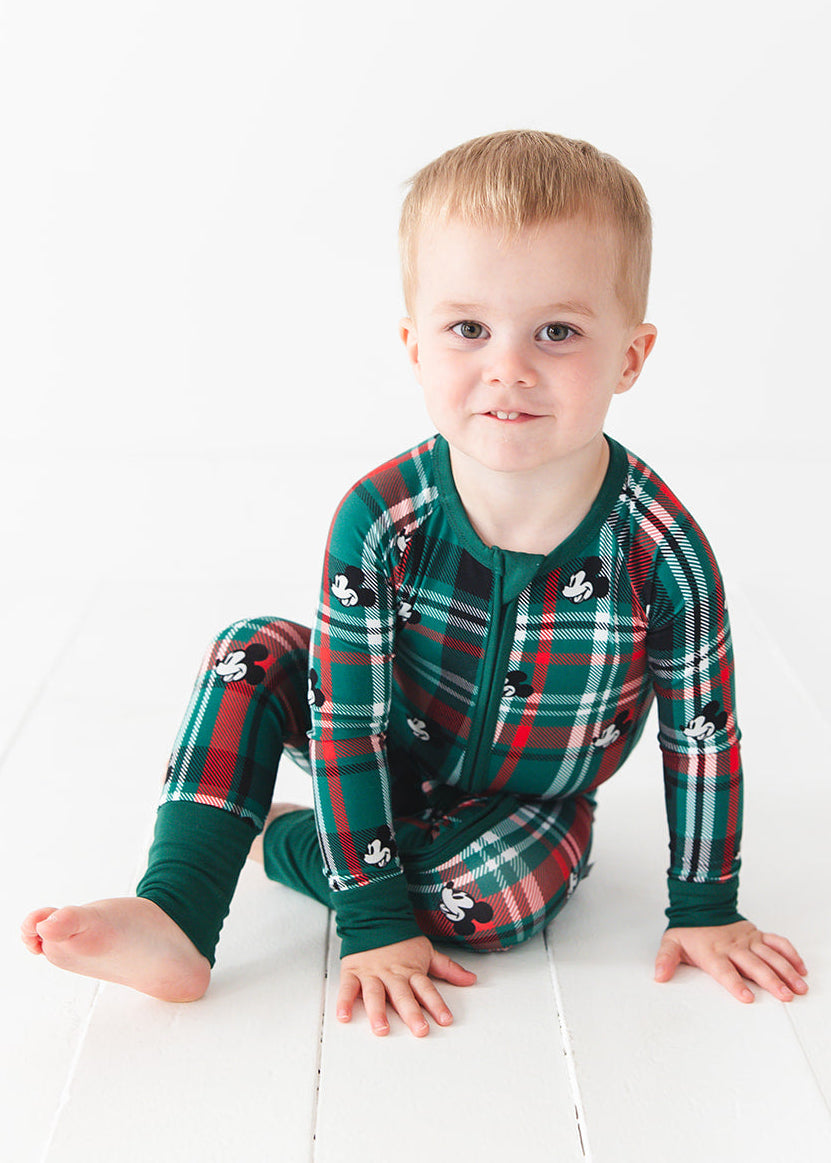 Convertible romper in zippy style with green and red tartan mickey disney print for Christmas family matching pajamas.