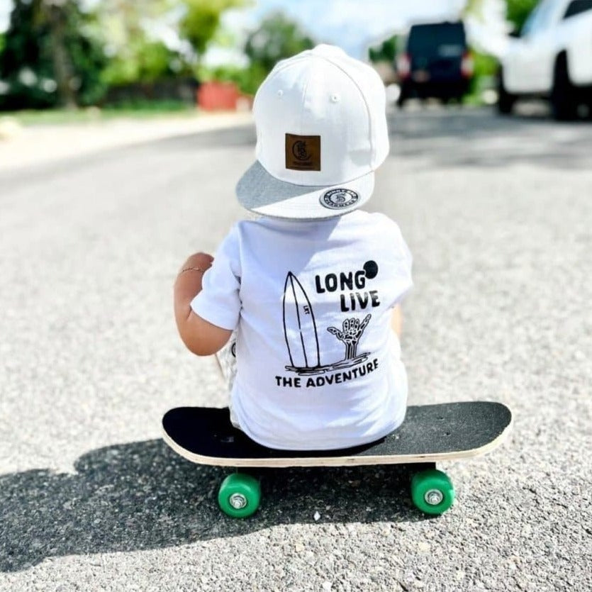 100% ORGANIC COTTON LONG LIVE THE ADVENTURE TEE - WHITE