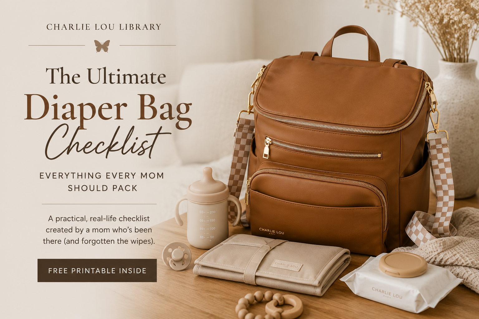 The Ultimate Diaper Bag Checklist featuring the Charlie Lou vegan leather diaper bag and free printable packing guide.