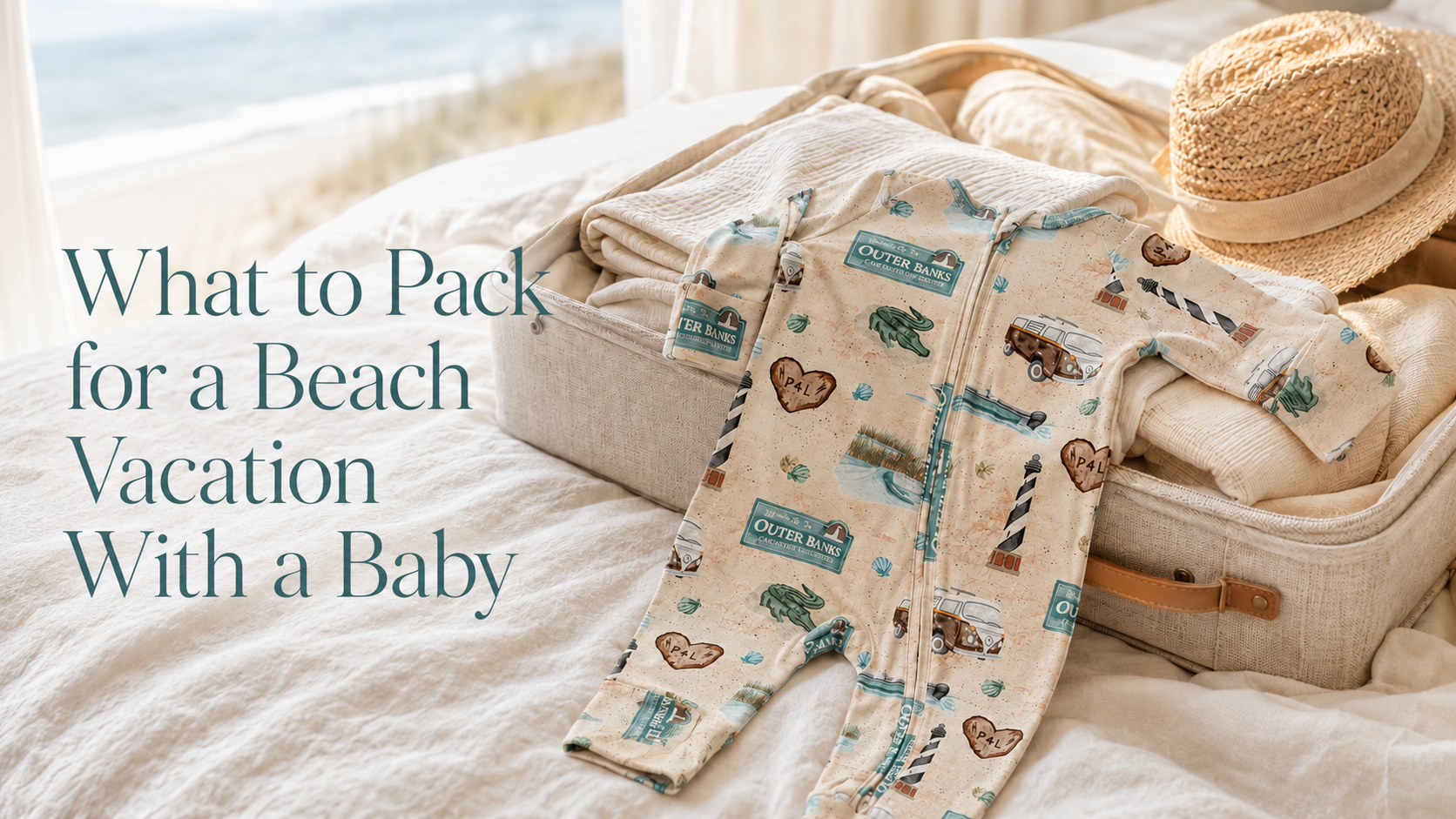 Outer Banks baby bamboo Rompee arranged on an open suitcase for a beach vacation packing checklist