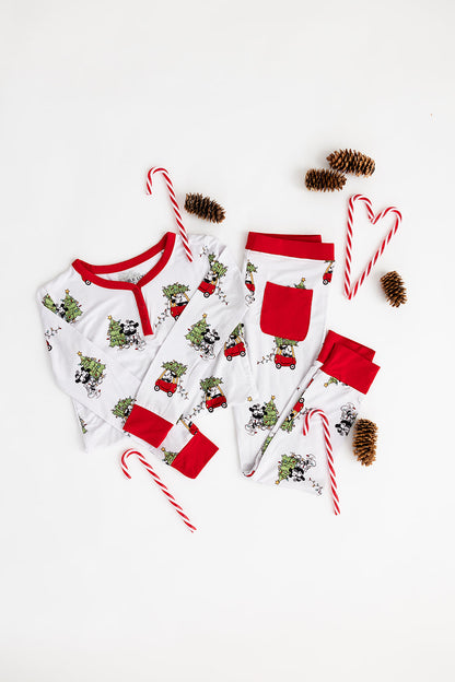 Disney Steamboat Willie bamboo pajama set, Mickey Mouse Christmas print, gender-neutral, sizes 2/3T to 8/9Y with matching family.