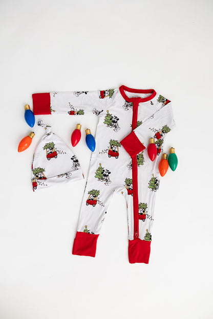 Gender-neutral convertible baby romper with hand and foot cuffs featuring a festive Steamboat Willie Christmas design with Minnie and Mickey Mouse. Includes a convenient double zipper for easy changes. Perfect for matching family Christmas pajamas.