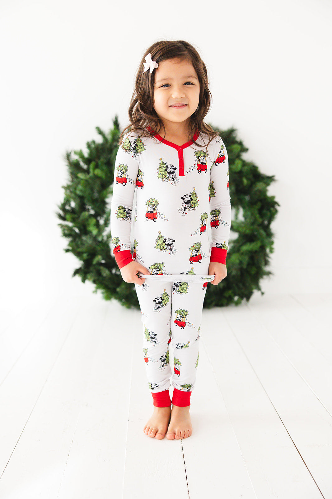 Disney Steamboat Willie bamboo pajama set, Mickey Mouse Christmas print, gender-neutral, sizes 2/3T to 8/9Y