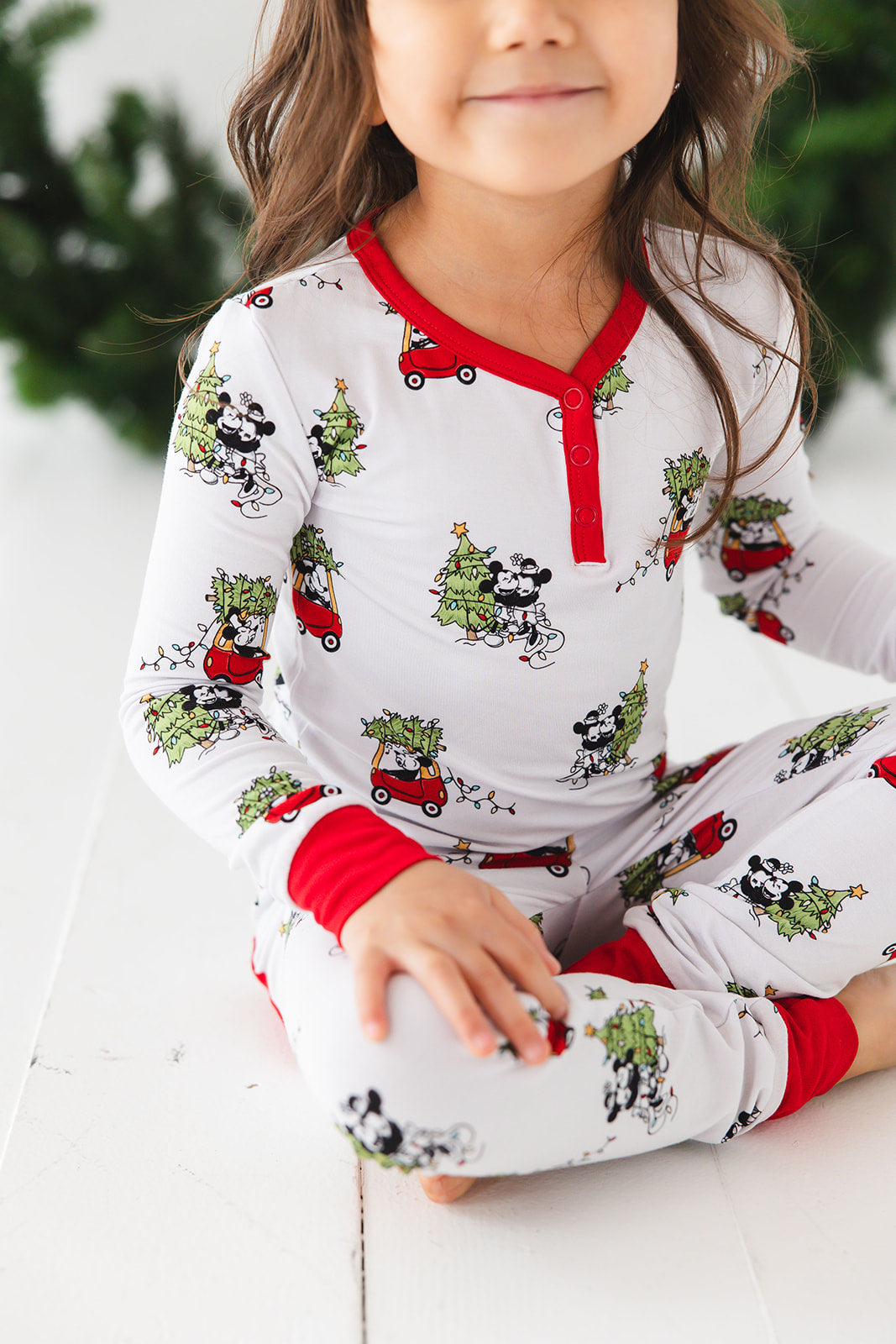 Disney Steamboat Willie bamboo pajama set, Mickey Mouse Christmas print, gender-neutral, sizes 2/3T to 8/9Y with matching family.