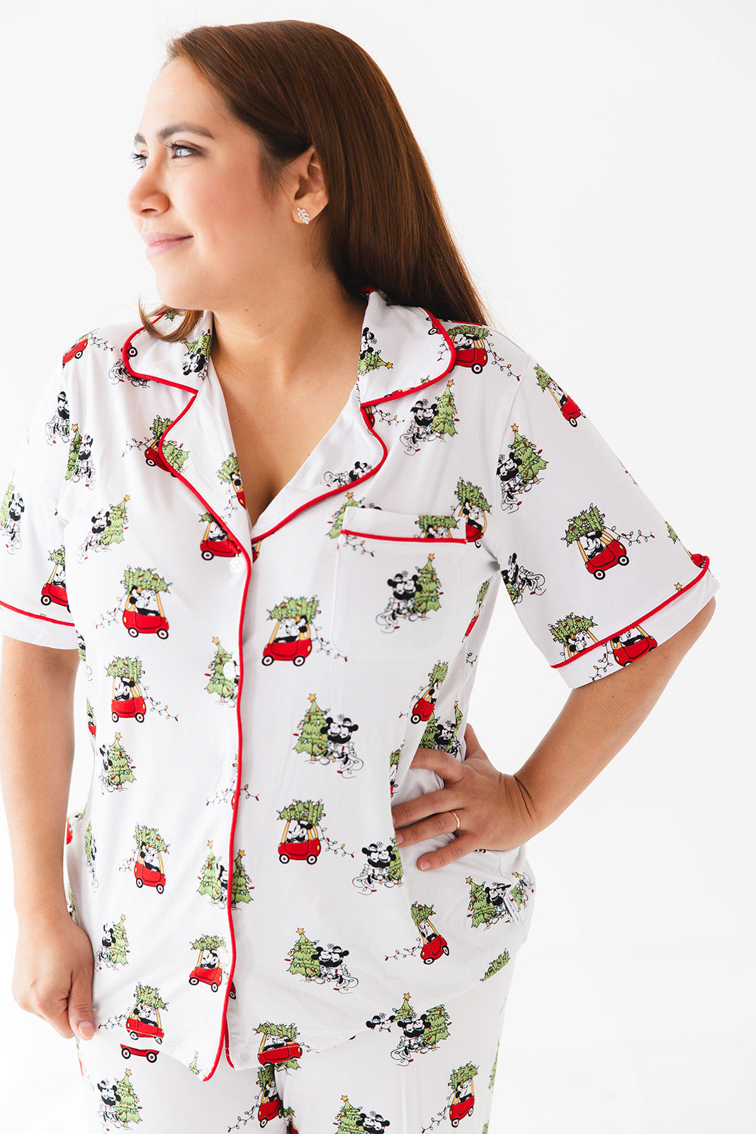 Women's bamboo pajama set for Christmas family matching with Disney's Steamboat Willie Minnie and Mickey Mouse.