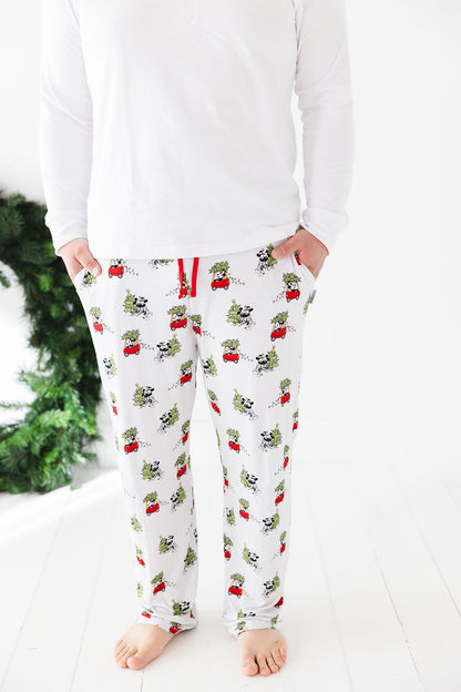 Men's bamboo pajama pants in Steamboat Willie Christmas print with a relaxed fit and functional drawstring for all-day comfort. Made from soft, breathable bamboo fabric with moisture-wicking and hypoallergenic benefits. Perfect for family matching sets.