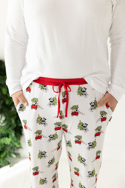 Men's bamboo pajama pants in Steamboat Willie Christmas print with a relaxed fit and functional drawstring for all-day comfort. Made from soft, breathable bamboo fabric with moisture-wicking and hypoallergenic benefits. Perfect for family matching sets.