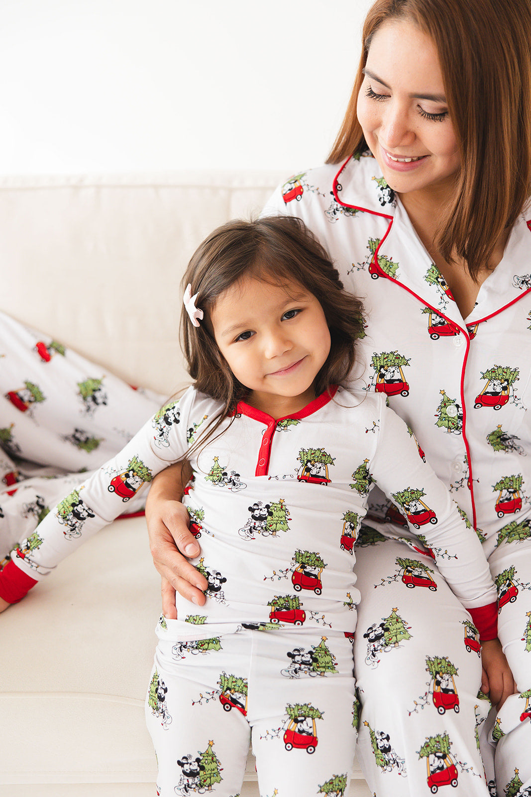 Women's bamboo pajama set for Christmas family matching with Disney's Steamboat Willie Minnie and Mickey Mouse.