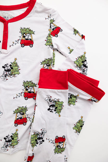 Disney Steamboat Willie bamboo pajama set, Mickey Mouse Christmas print, gender-neutral, sizes 2/3T to 8/9Y with matching family.