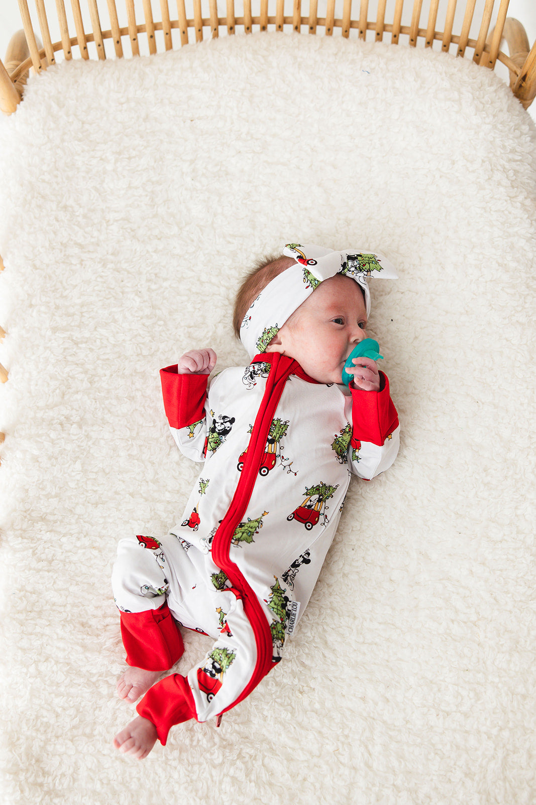 Bamboo bow & headwrap with Steamboat Willie Christmas print featuring Disney's Mickey and Minnie Mouse.