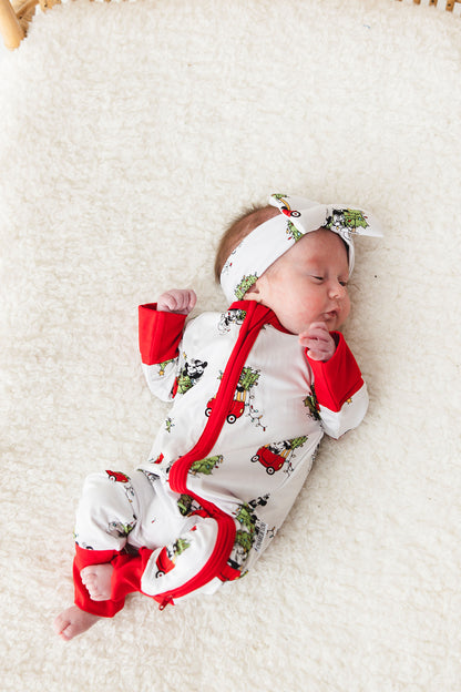 Bamboo bow & headwrap with Steamboat Willie Christmas print featuring Disney's Mickey and Minnie Mouse.