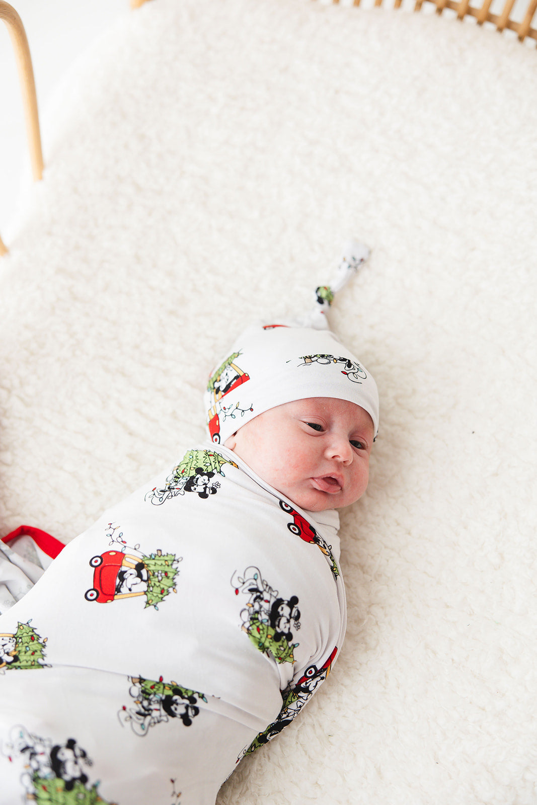 Bamboo beanie hat for baby going home outfit with Steamboat Willie featuring Disney's Minnie and Mickey Mouse.