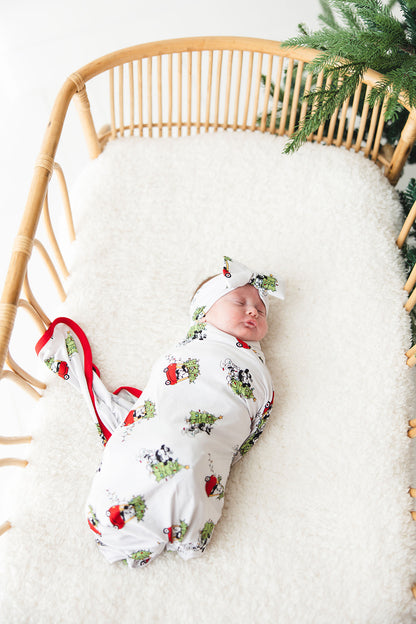 Bamboo bow & headwrap with Steamboat Willie Christmas print featuring Disney's Mickey and Minnie Mouse.