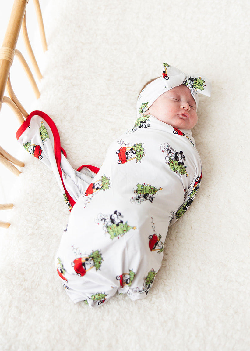 Bamboo bow & headwrap with Steamboat Willie Christmas print featuring Disney's Mickey and Minnie Mouse.
