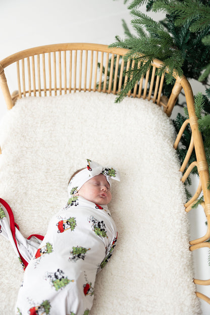 Bamboo bow & headwrap with Steamboat Willie Christmas print featuring Disney's Mickey and Minnie Mouse.