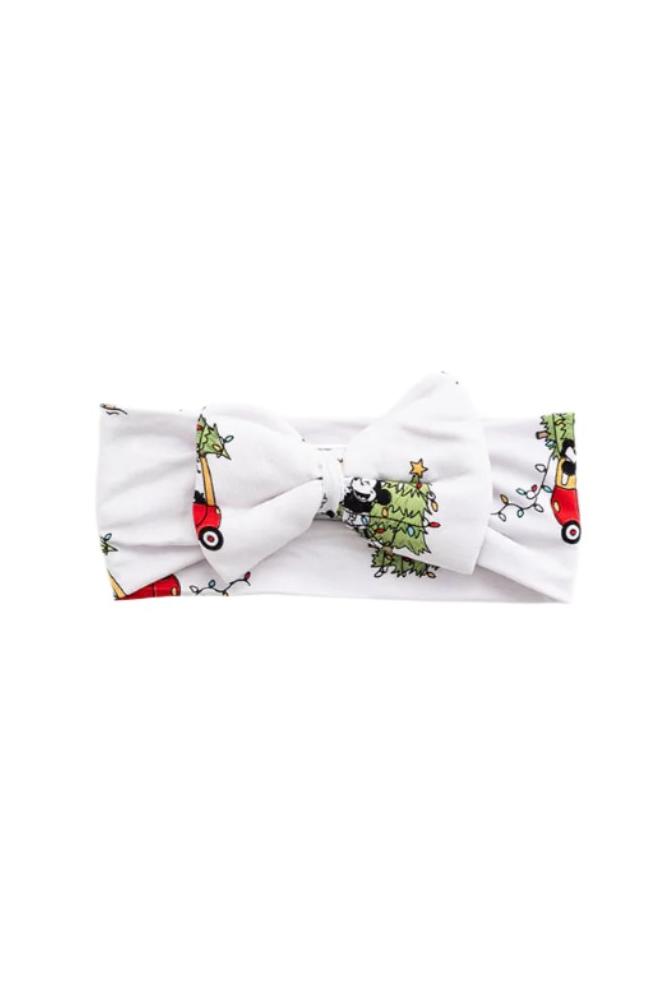 Bamboo bow & headwrap with Steamboat Willie Christmas print featuring Disney's Mickey and Minnie Mouse.