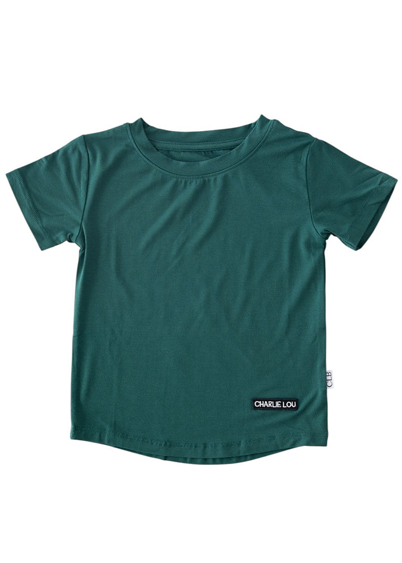 Forest green bamboo t-shirt with matching family Christmas pajamas.