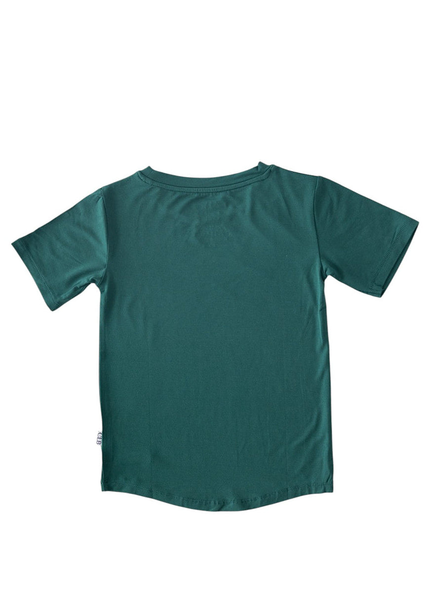 Forest green bamboo t-shirt with matching family Christmas pajamas.