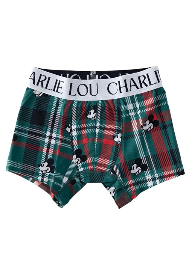Christmas Disney Mickey bamboo boxer briefs for little boys in green and red tartan print.