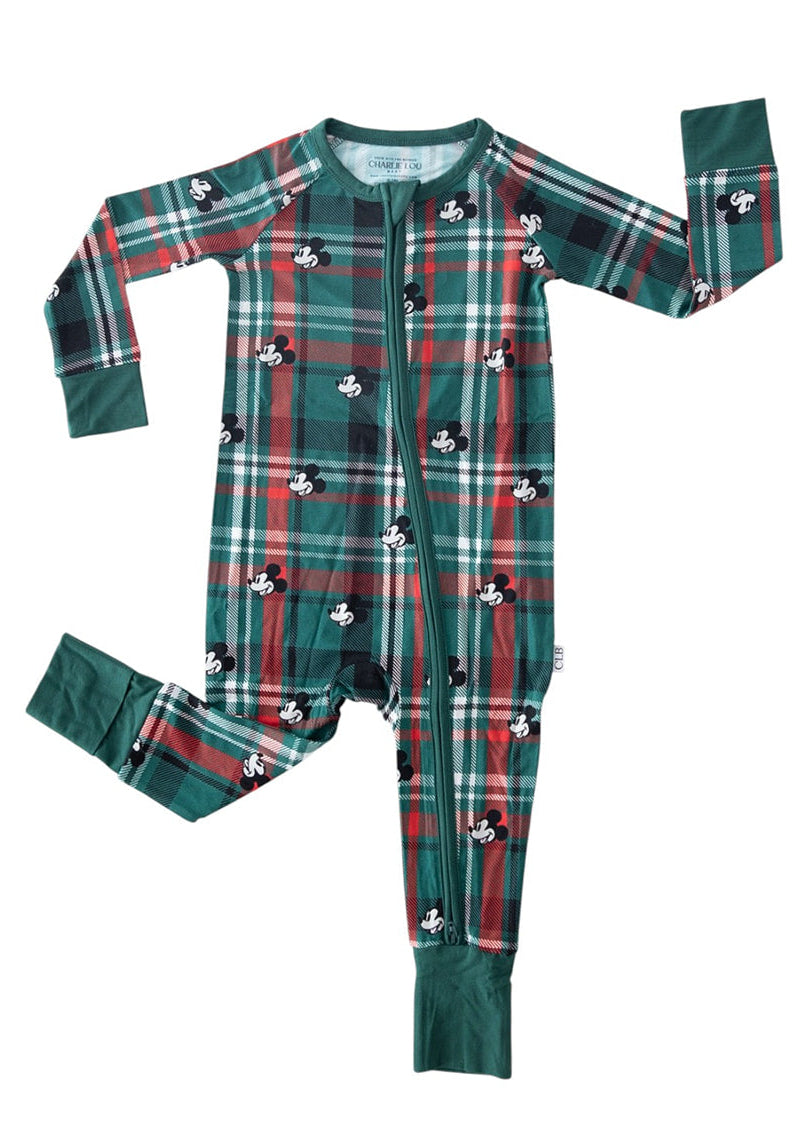 Convertible romper Christmas Mickey pajamas with family matching in bamboo fabric. Zippy with double zippers in green and red Tartan.