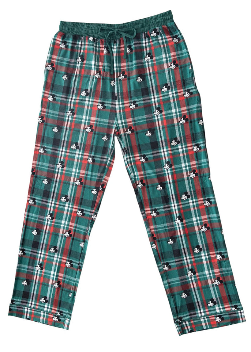 Men's bamboo Christmas Disney Mickey pajamas in green and red tartan print with family matching.