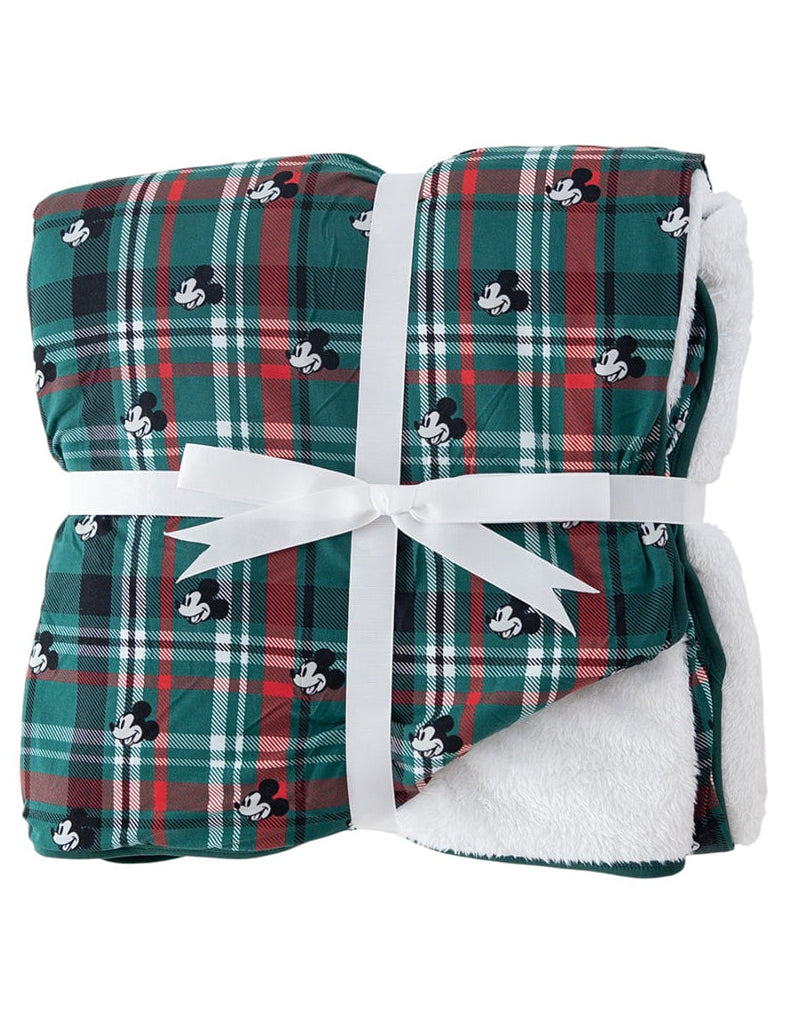 Green and red tartan bamboo plush blanket in Christmas Disney Mickey print.