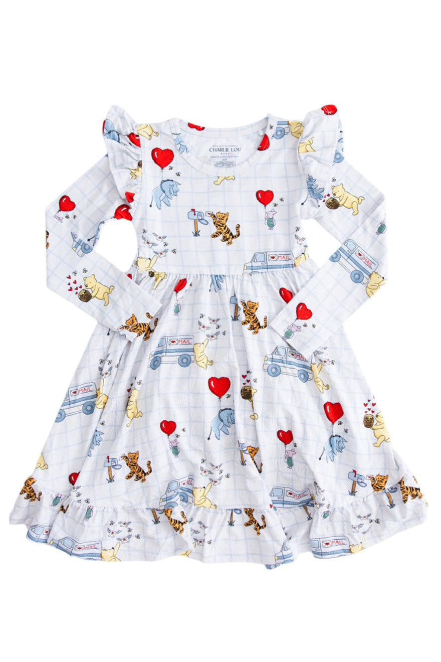 Vintage Winnie the Pooh bamboo twirl dress with Tigger, Eeyore and Piglet in a Valentine's Day print for baby and toddler boys and girls.