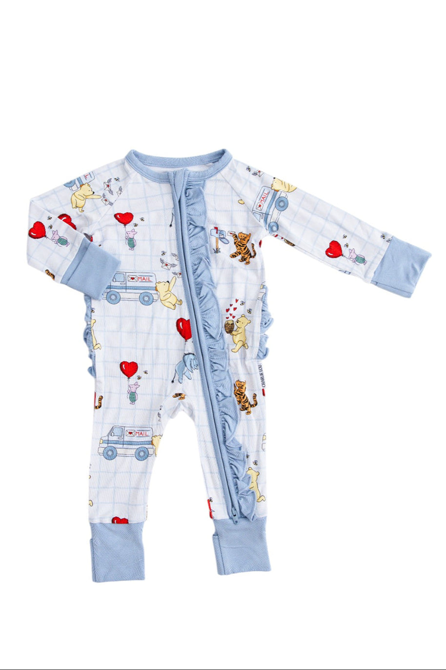 Vintage Winnie the Pooh bamboo pajama Ruffle Convertible Romper with Tigger, Eeyore and Piglet in a Valentine's Day print for baby and toddler boys and girls. Perfect for sibling matching and gender neutral.