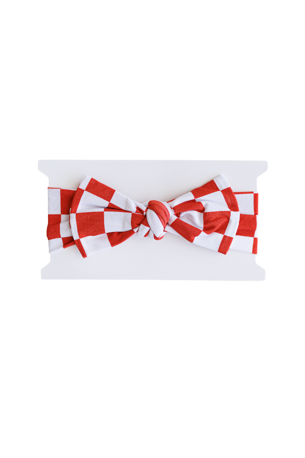 Red and white checkered bow made from bamboo.