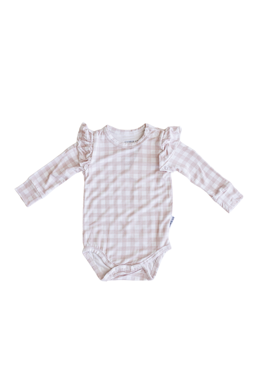 Ruffle bamboo bodysuit with crotch snaps and hand cuffs in peach and pink gingham.