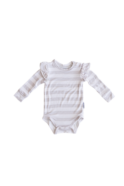 Ruffle bamboo bodysuit with crotch snaps and hand cuffs in neutral striped print.