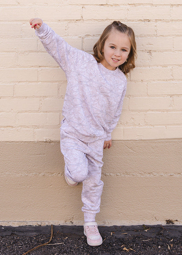 White oak camo bamboo french terry jogger set for toddlers and little kids. 