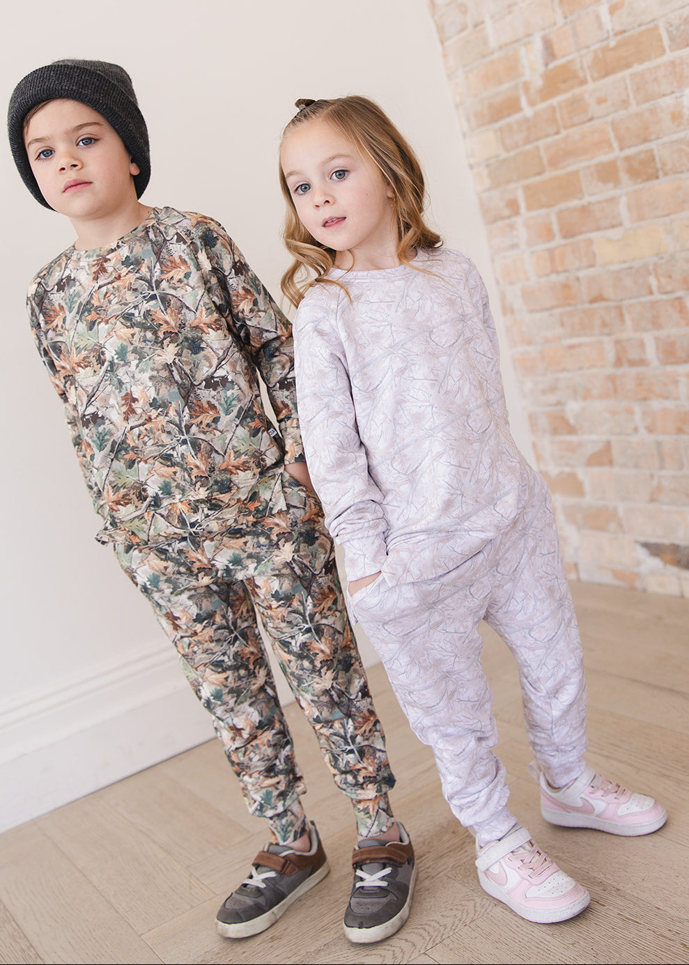 White oak camo bamboo french terry jogger set for toddlers and little kids. 