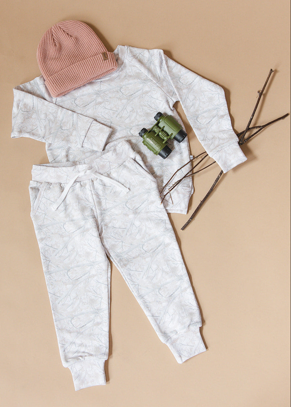 White oak camo bamboo french terry jogger set for toddlers and little kids. 