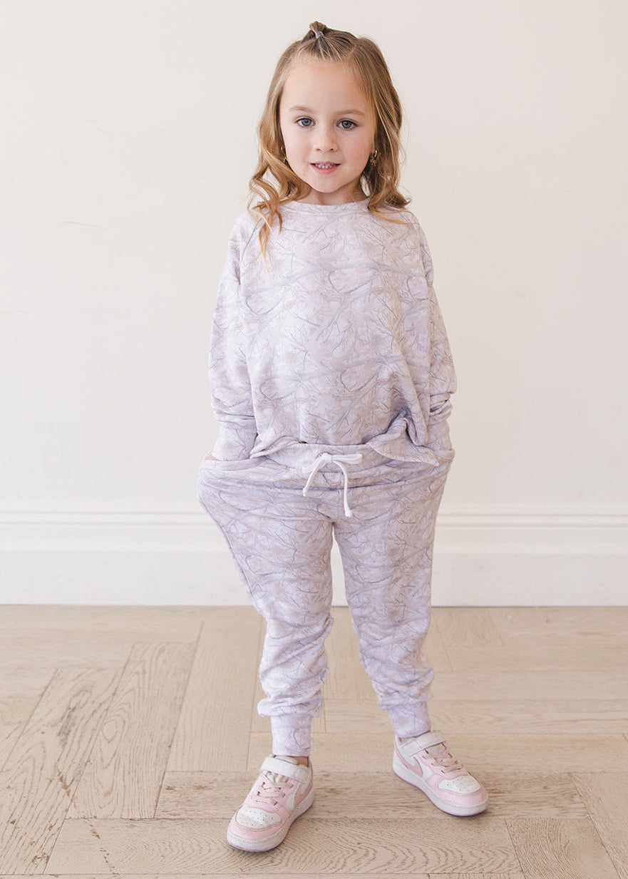 White oak camo bamboo french terry jogger set for toddlers and little kids. 
