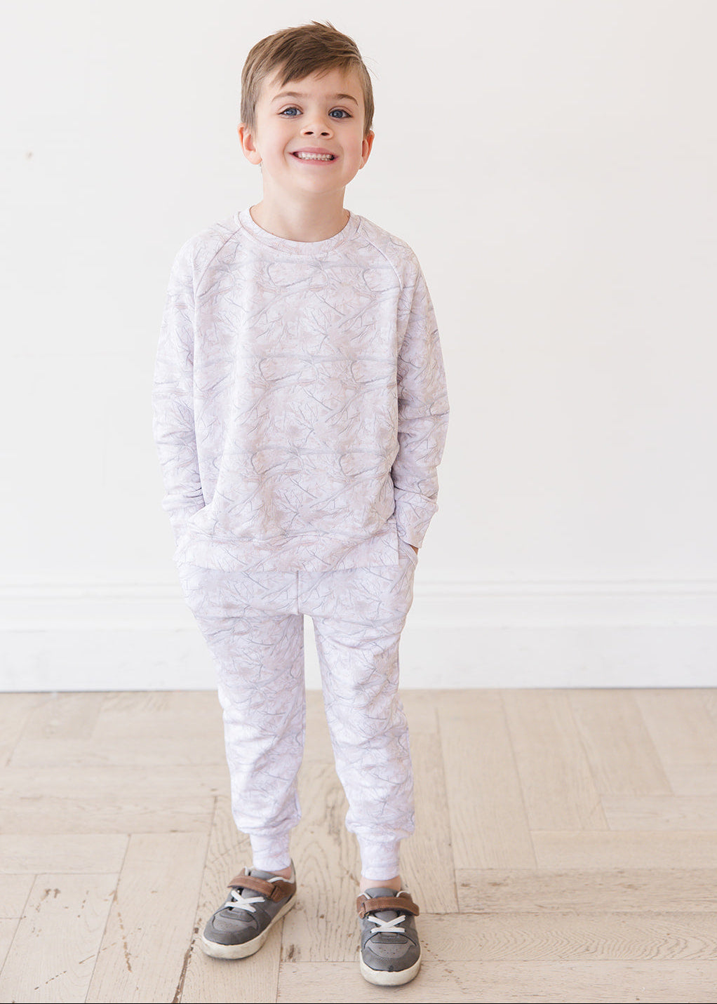 White oak camo bamboo french terry jogger set for toddlers and little kids. 
