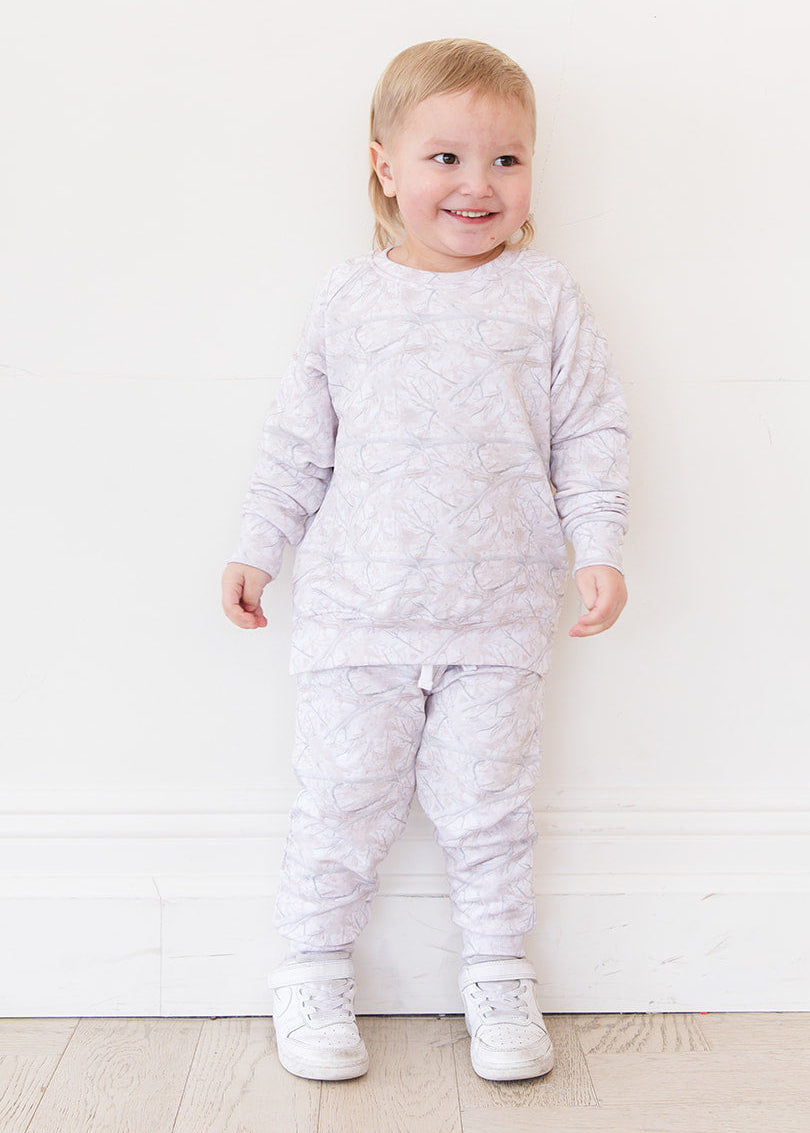 White oak camo bamboo french terry jogger set for toddlers and little kids. 