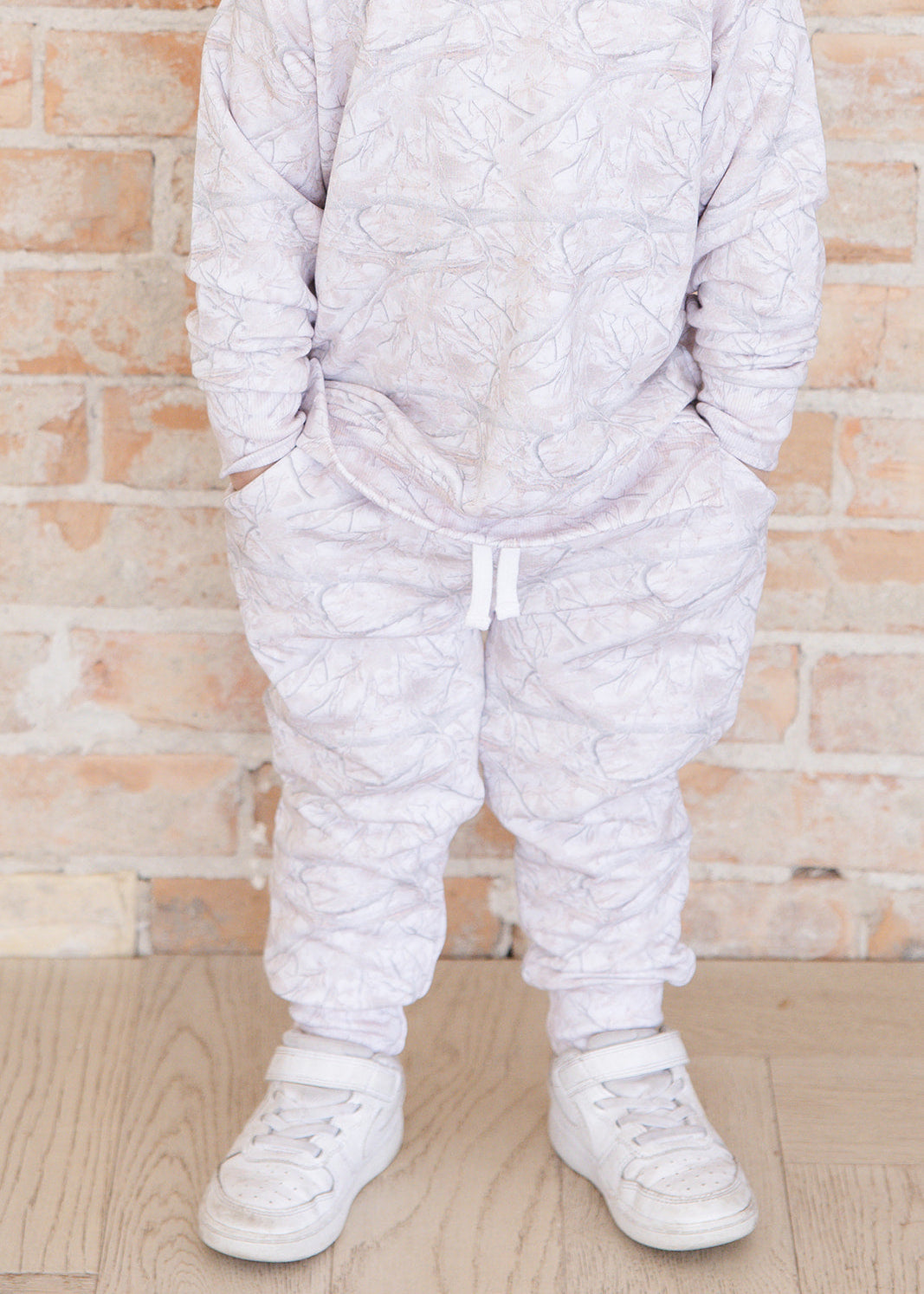 White oak camo bamboo french terry jogger set for toddlers and little kids. 