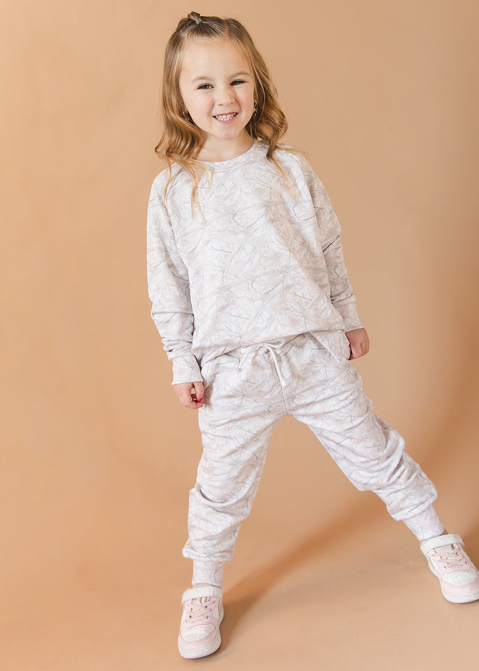 White oak camo bamboo french terry jogger set for toddlers and little kids. 