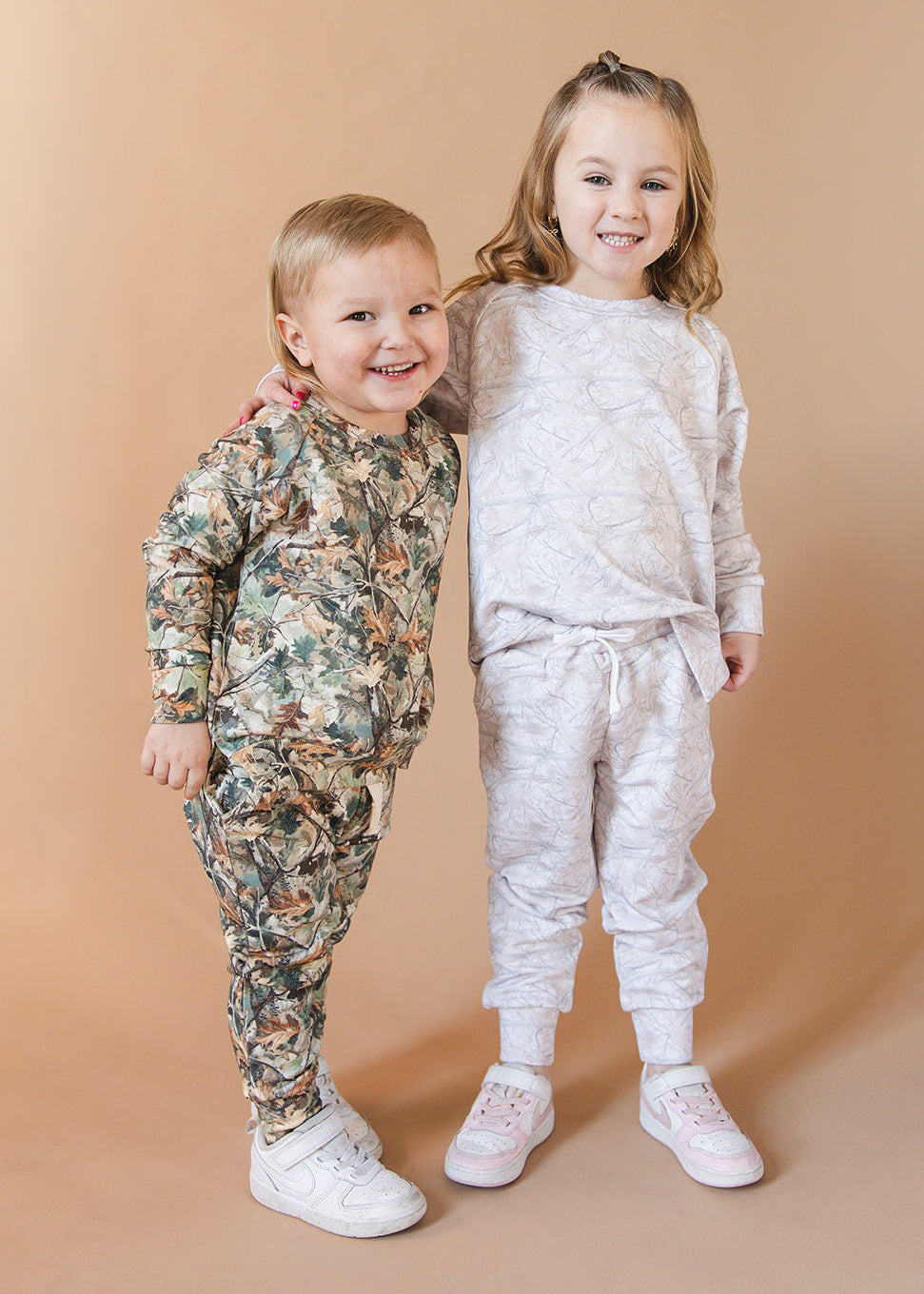 White oak camo bamboo french terry jogger set for toddlers and little kids. 