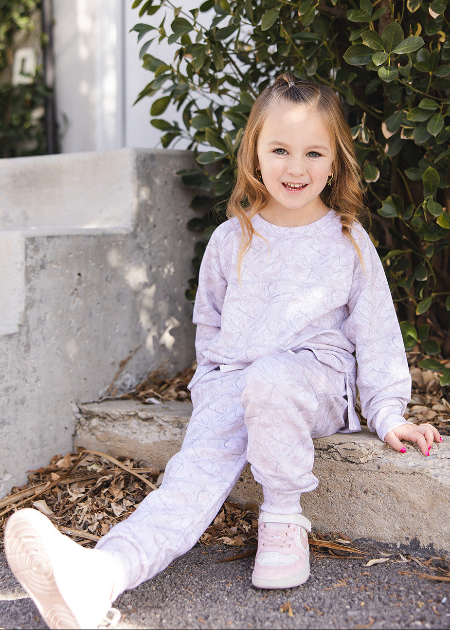 White oak camo bamboo french terry jogger set for toddlers and little kids. 