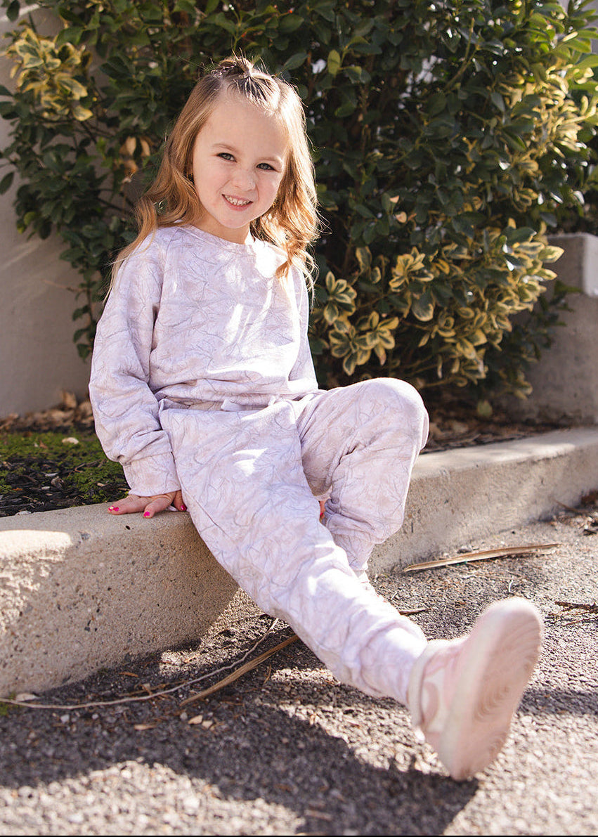 White oak camo bamboo french terry jogger set for toddlers and little kids. 