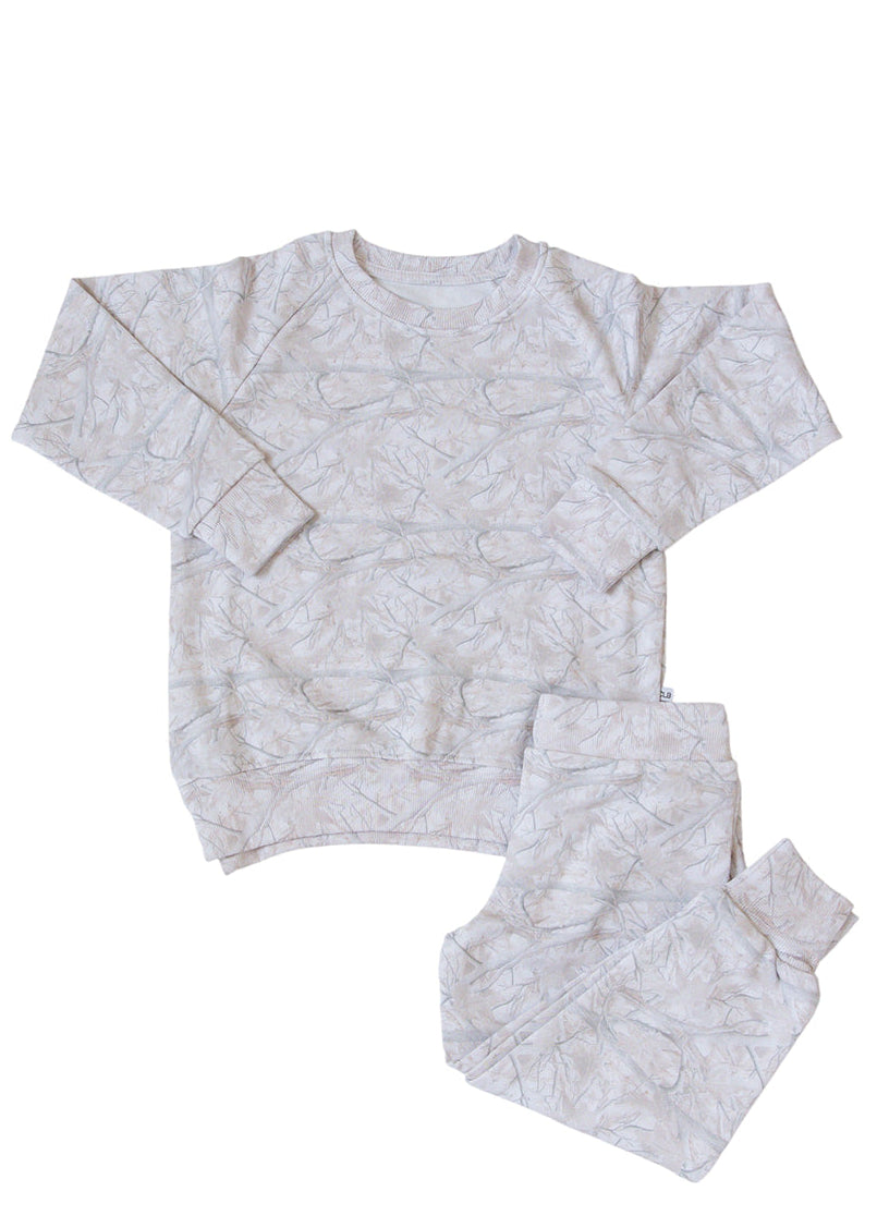 White oak camo bamboo french terry jogger set for toddlers and little kids. 