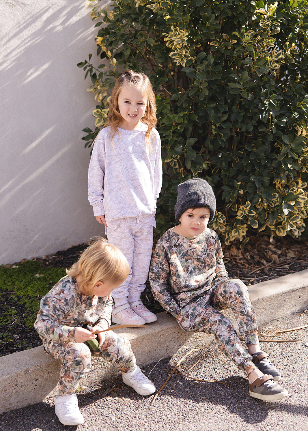 Camo and white oak camo outfit jogger set made from bamboo french terry for toddlers and little boys and girls.