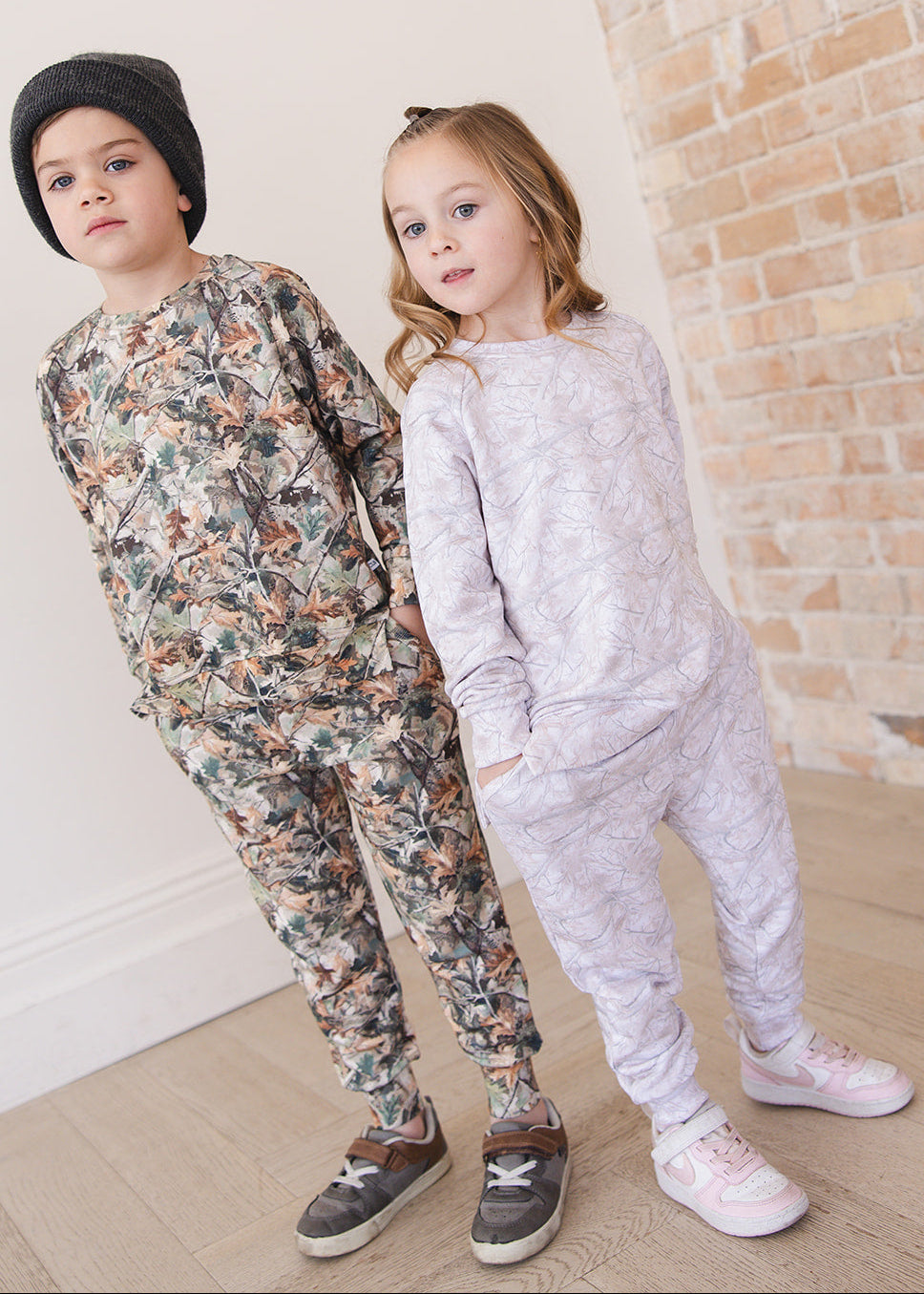 Camo and white oak outfit jogger set made from bamboo french terry for toddlers and little boys and girls.