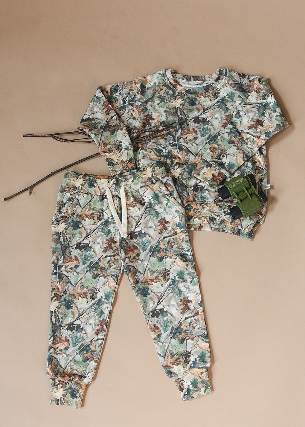 Camo outfit jogger set made from bamboo french terry for toddlers and little boys and girls.