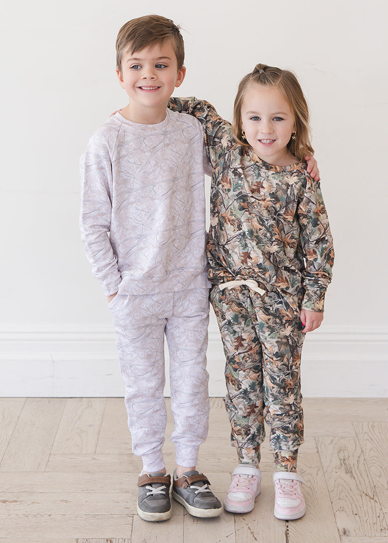 Camo and white oak camo outfit jogger set made from bamboo french terry for toddlers and little boys and girls.