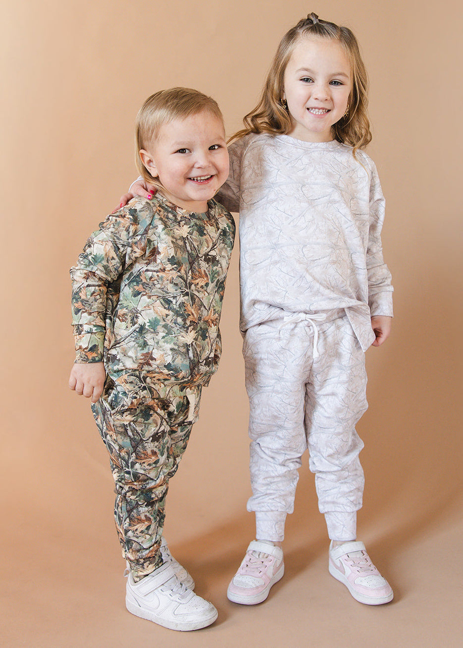 Camo and white oak outfit jogger set made from bamboo french terry for toddlers and little boys and girls.