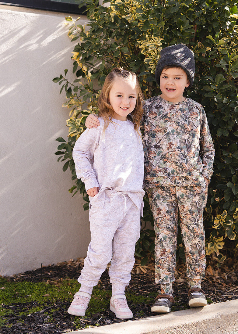 Camo and white oak outfit jogger set made from bamboo french terry for toddlers and little boys and girls.